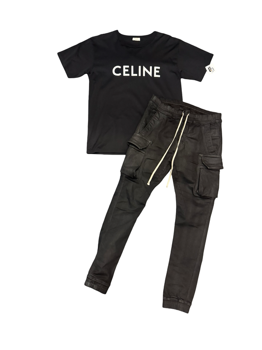 Logo Tee + Waxed Cargo Jeans (Black/White)