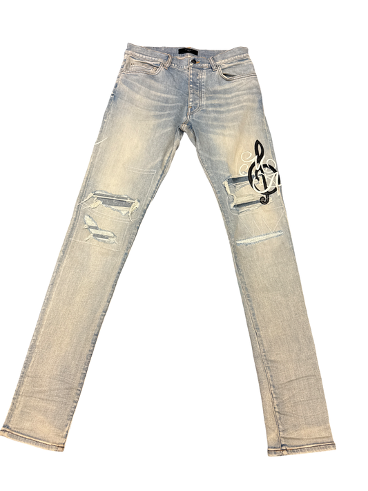 Amiri "Music Note Patch" Jean (Clay Indigo/Black/White)