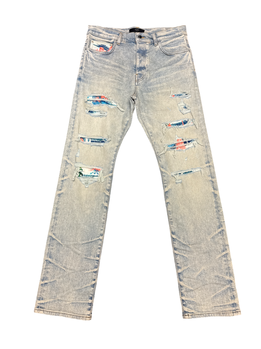 Amiri Crystal Art Patch Jean (Sand Indigo/Multi)