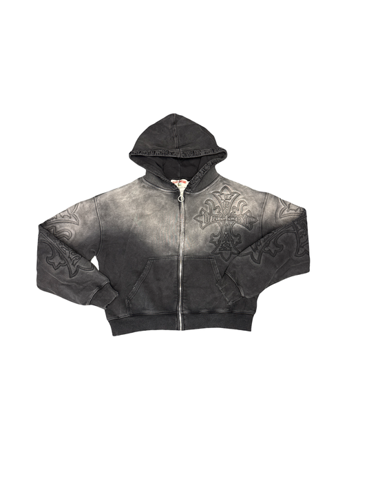 Vale Cross Embossed Zip Hoodie (Black/Grey)